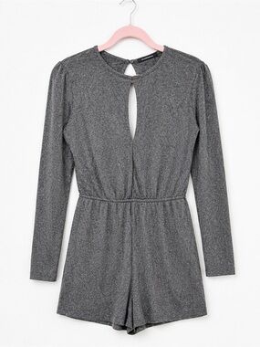 Sparkle Keyhole Long-Sleeve Romper in Charcoal